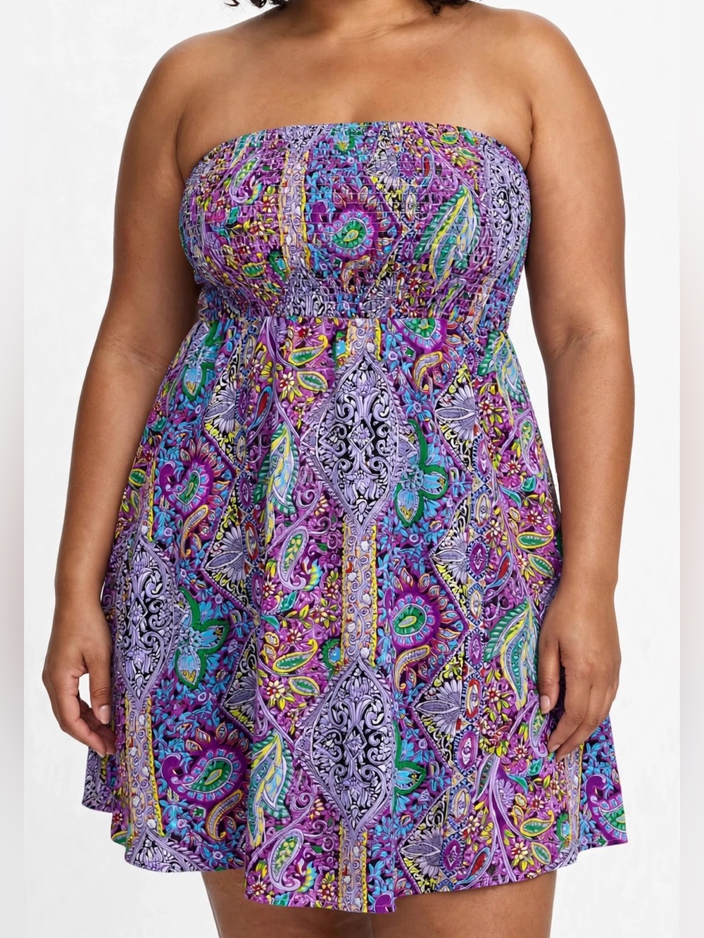 SHEIN Curve Plus Boho Strapless Paisley Smocked Mini Dress 2XL Purple